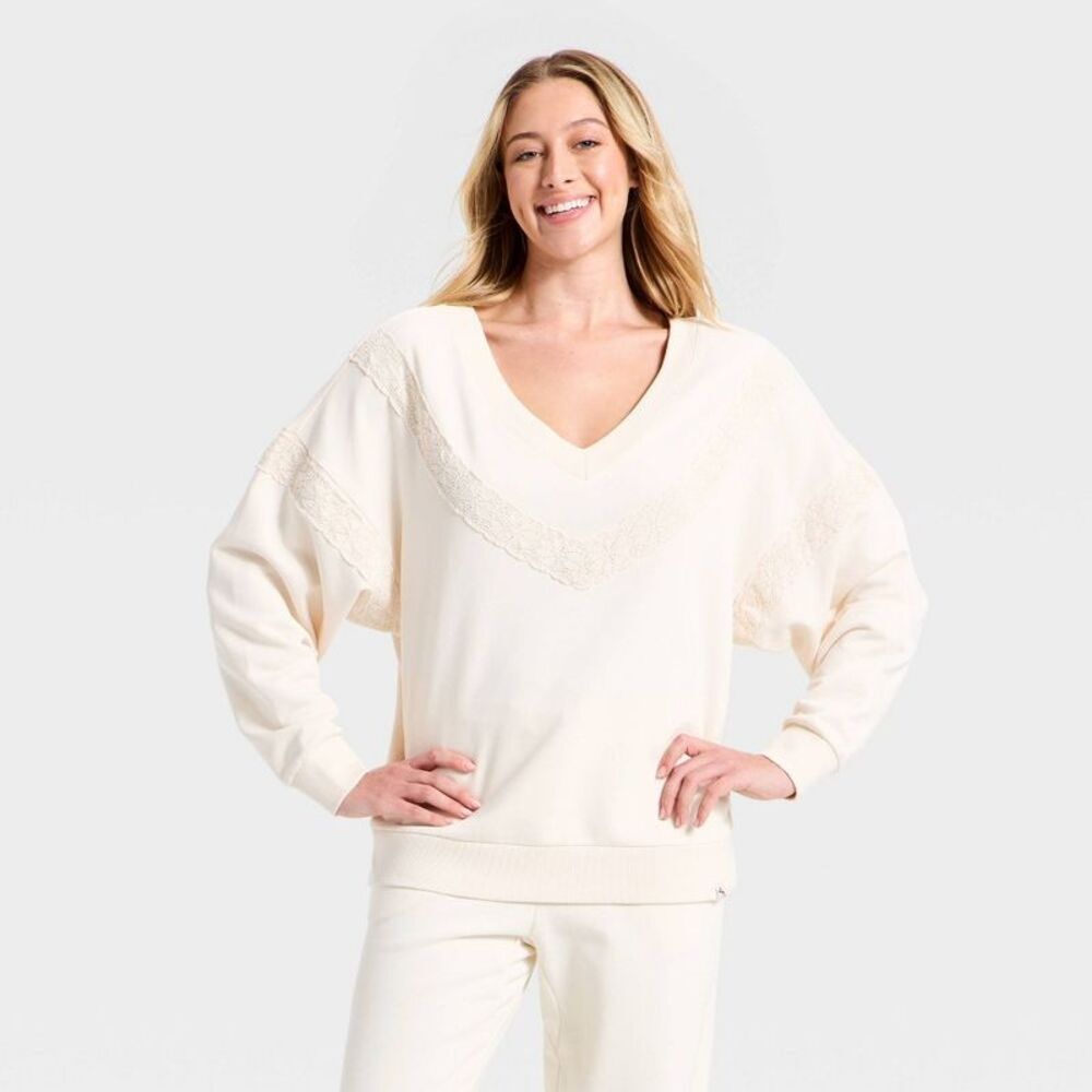 Women's Crochet Trim V-Neck Sweatshirt -JoyLab Cream S